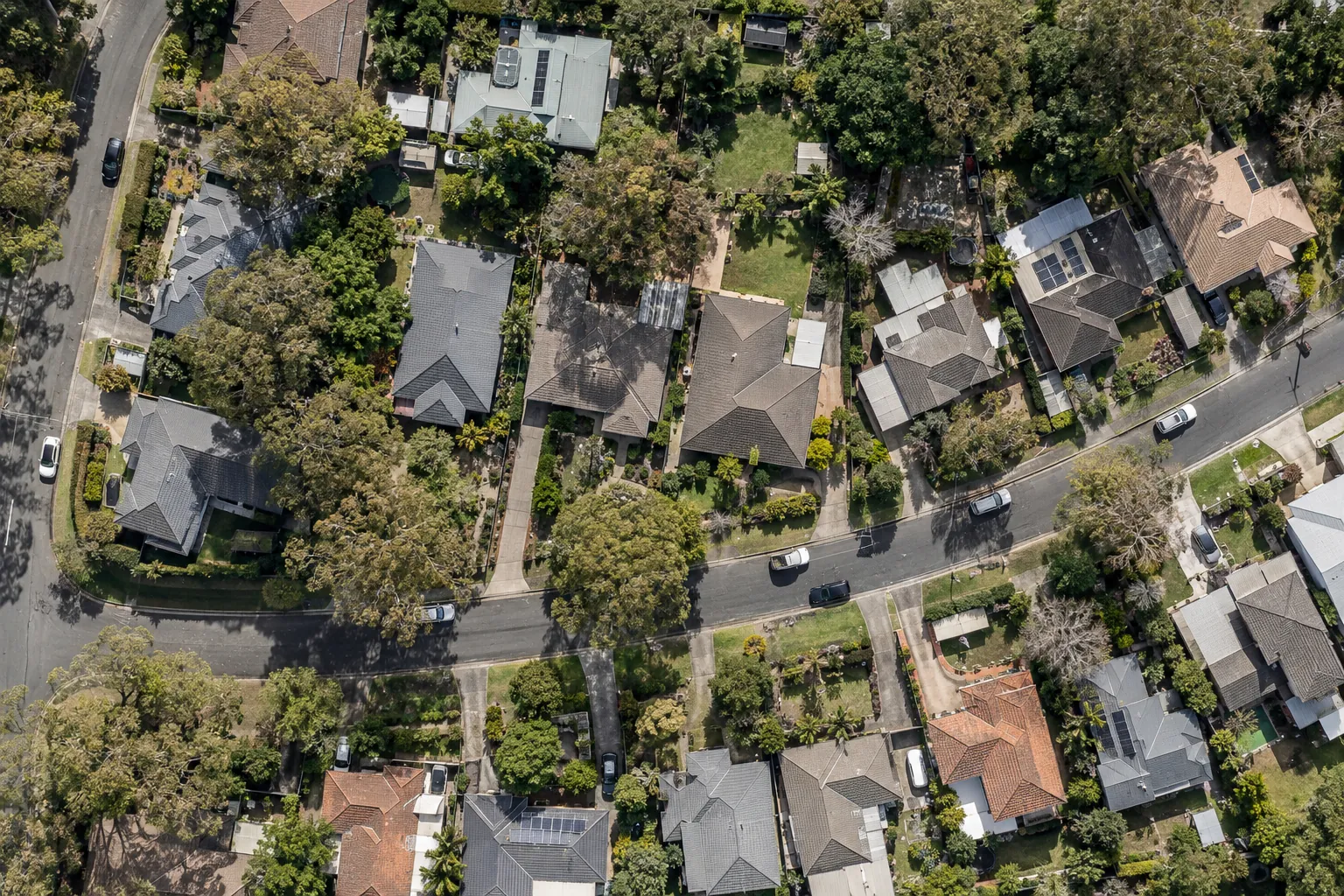 Illustrative bird’s-eye view of Australian residential rooftops, gardens and streets.